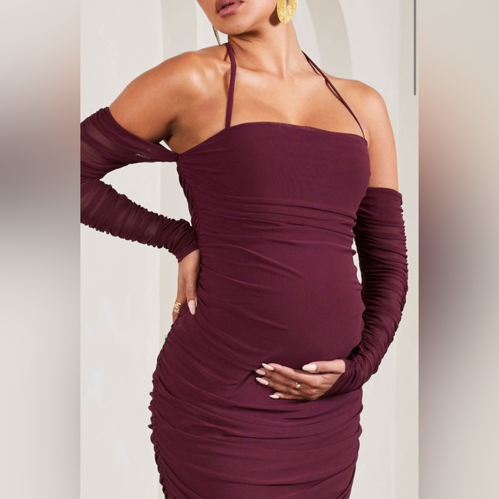 NWT Club L London Burgundy Ruched Halter Maternity Midi Dress Sz 12 - Picture 3 of 5